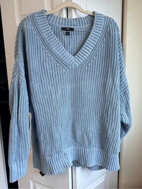 Banana Republic Large 100% Cotton Chunky Knit V-Neck Sweater Blue Oversized